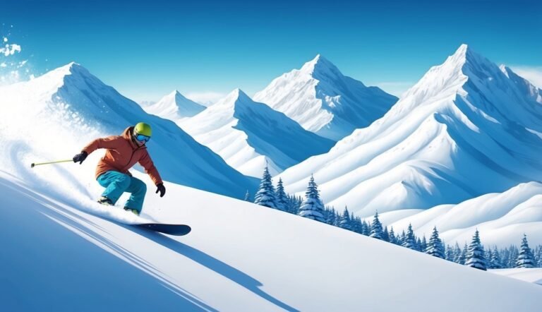 Skier carving down a snowy mountain slope with a mountain range backdrop