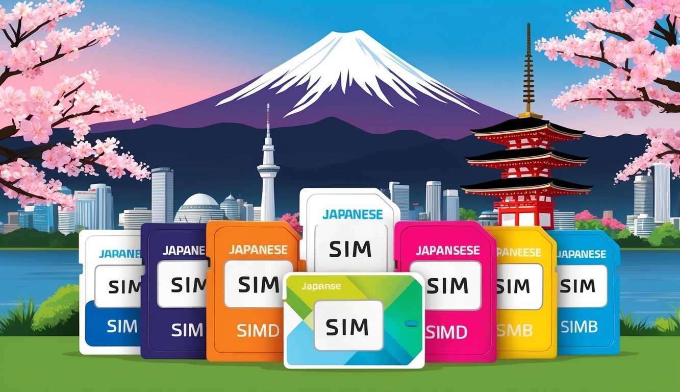 Japanese SIM cards with Japanese landmarks in the background