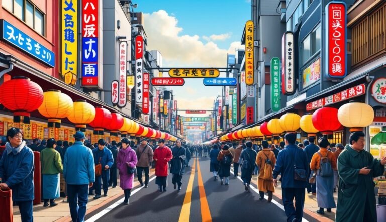 Busy street in Japan with lanterns, signs, and many people walking