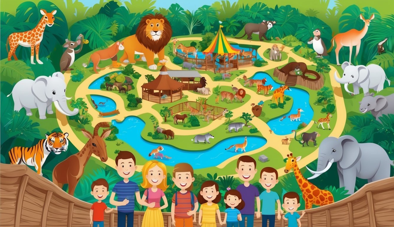 A colorful zoo map surrounded by happy families and exotic animal exhibits