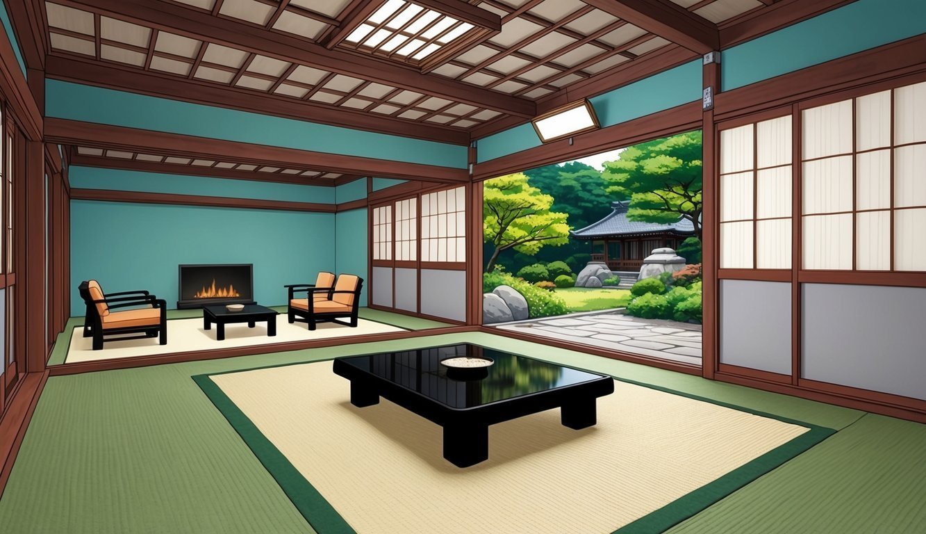 Japanese-style interior with a garden view, low tables, and traditional sliding doors