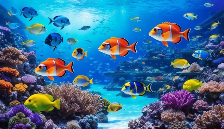 Colorful fish swim around coral reefs in a vibrant underwater scene