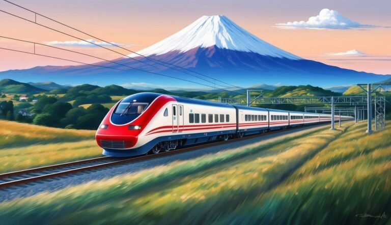 High-speed train travels past Mount Fuji in a colorful, scenic landscape