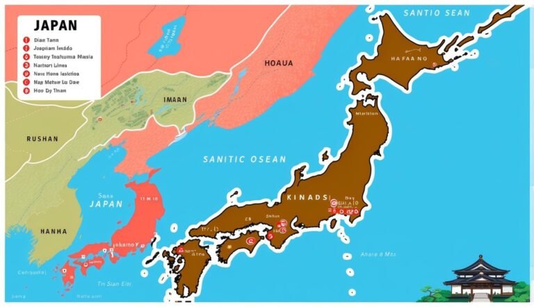 Map of Japan with surrounding areas, labeled with names and locations
