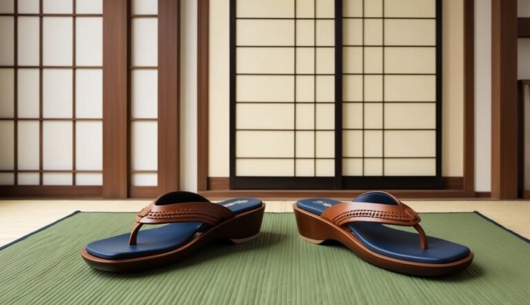 Pair of brown and blue sandals on a green mat in a room
