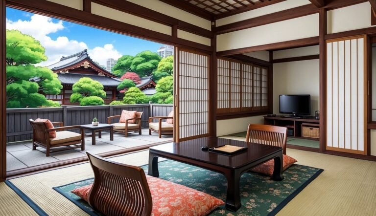 Japanese-style room with a view of a temple and garden