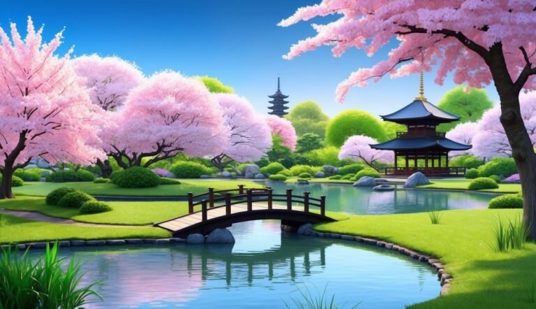 Japanese garden with cherry blossoms, pagoda, bridge, and pond