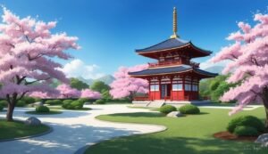 Japanese pagoda surrounded by cherry blossom trees in a garden