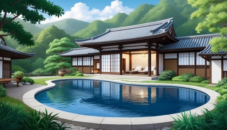 Japanese-style house with pool, surrounded by lush greenery and mountains