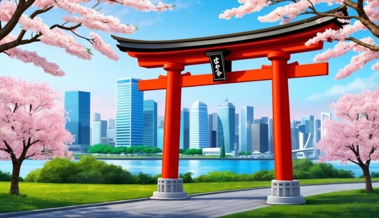 Red torii gate with cherry blossoms, city skyline, and water