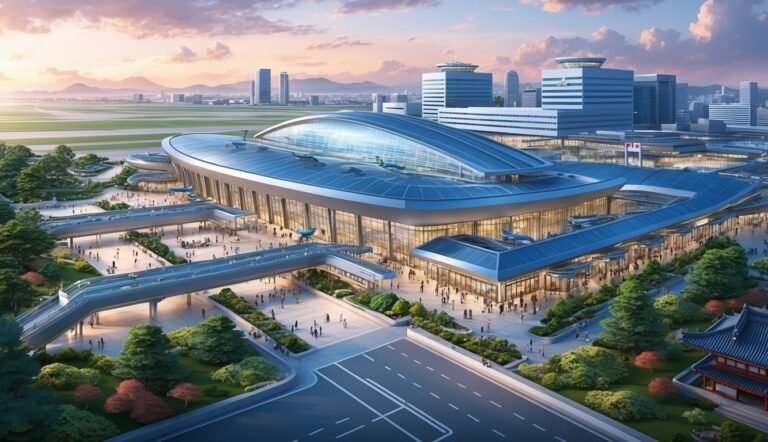 Modern airport terminal with glass roof, people, and city skyline in background