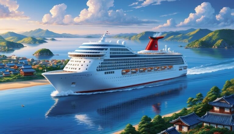 Cruise ship sailing past a coastal town with mountains in the background