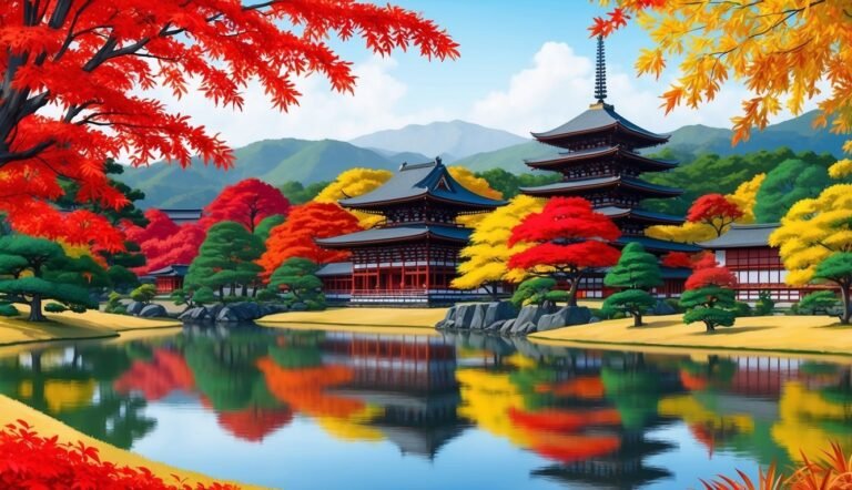 Japanese temple and colorful autumn trees reflected in a serene lake