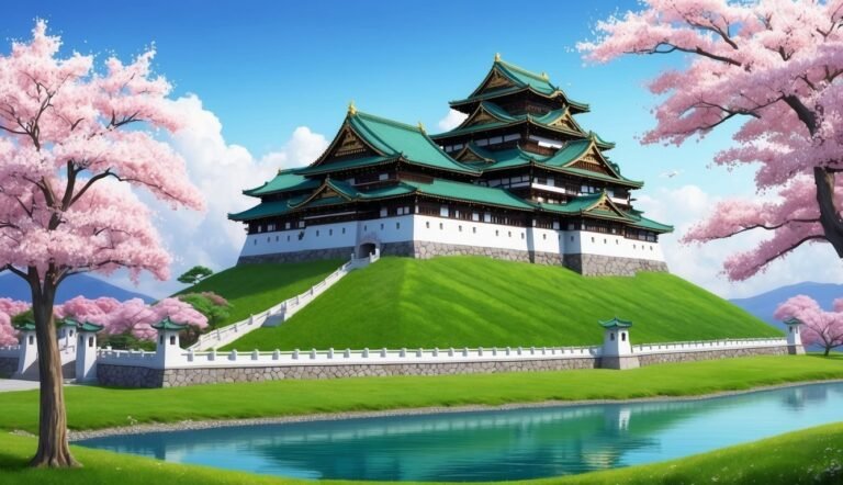 Japanese castle on a hill with cherry blossoms and a moat
