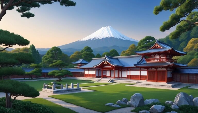 Japanese temple with Mount Fuji in the background, lush green landscape