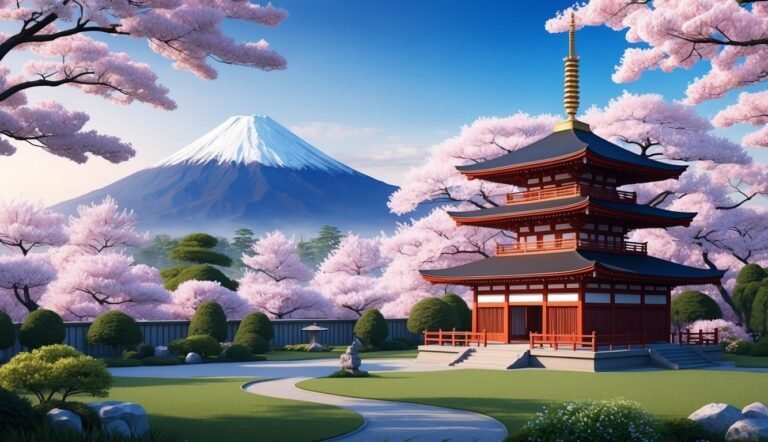 Japanese pagoda, Mount Fuji, and cherry blossoms in a serene garden scene