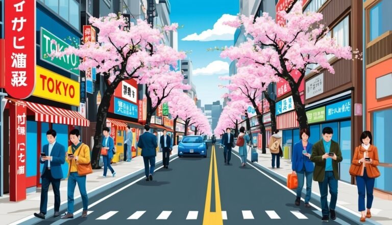Street scene in Tokyo with cherry blossom trees and people