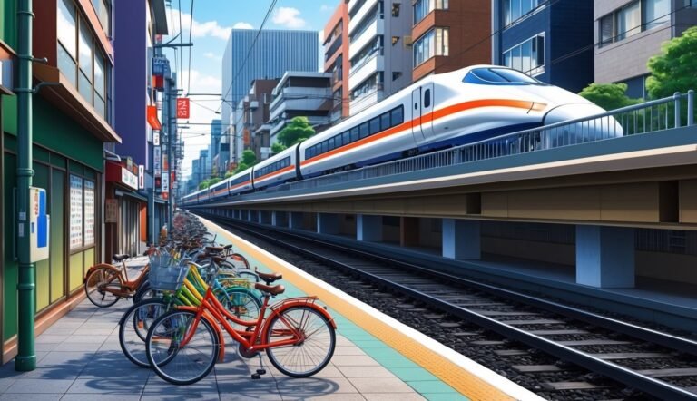 High-speed train on elevated tracks, bicycles parked at a station