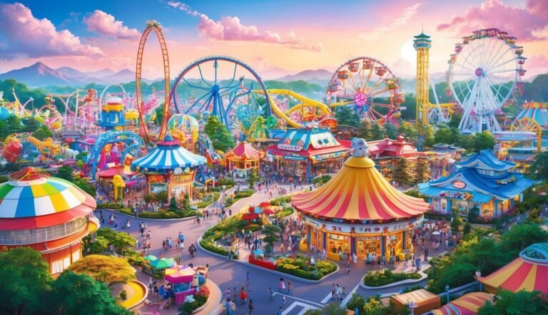 Colorful amusement park with roller coasters, Ferris wheels, and crowds of people