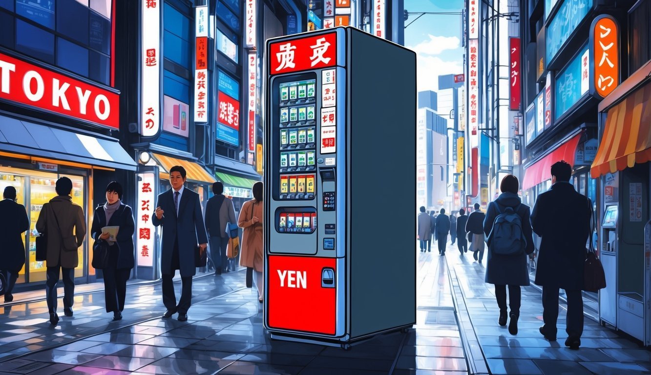 Japanese street scene with a vending machine and people walking