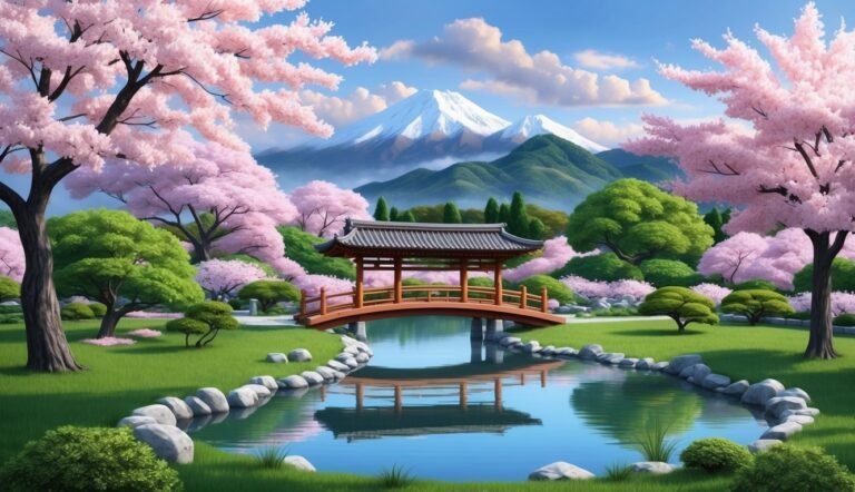 Japanese garden with bridge, cherry blossoms, pond, and snow-capped mountains