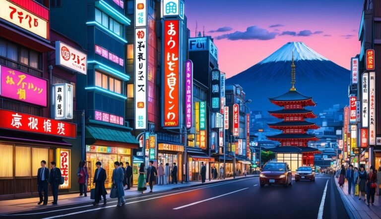 Japanese cityscape with neon signs, pagoda, Mount Fuji, and people walking