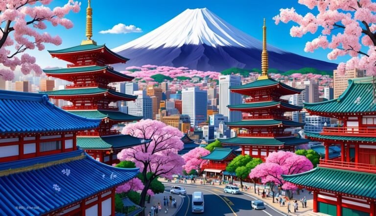 Japanese pagodas, cherry blossoms, and Mount Fuji in a vibrant cityscape