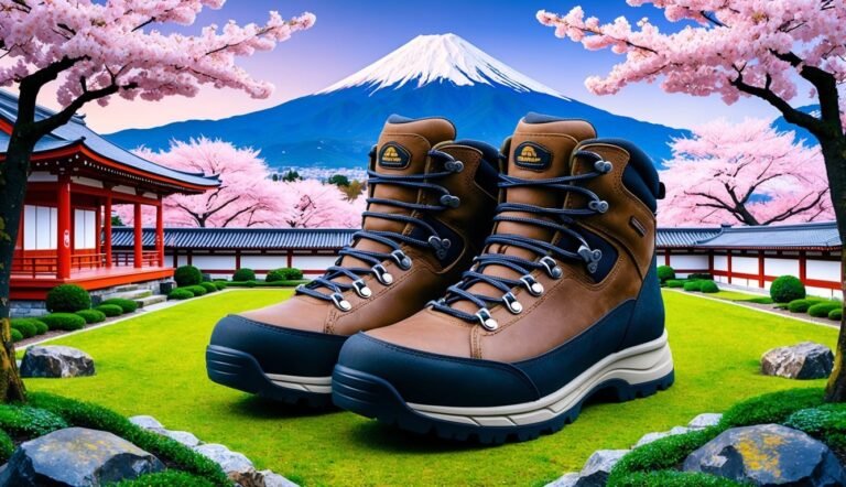 Hiking boots in a Japanese garden with Mount Fuji and cherry blossoms