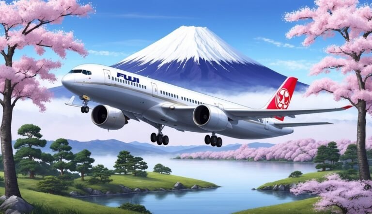 Airplane flying over a lake with Mount Fuji and cherry blossoms