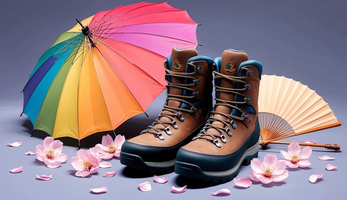 A pair of sturdy hiking boots sits next to a colorful umbrella, surrounded by cherry blossom petals and a traditional Japanese fan