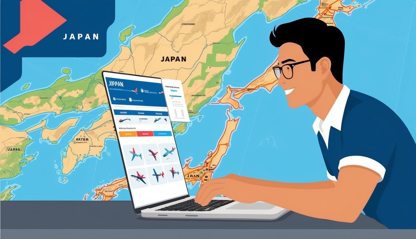 A traveler comparing airline options on a laptop with a map of Japan in the background
