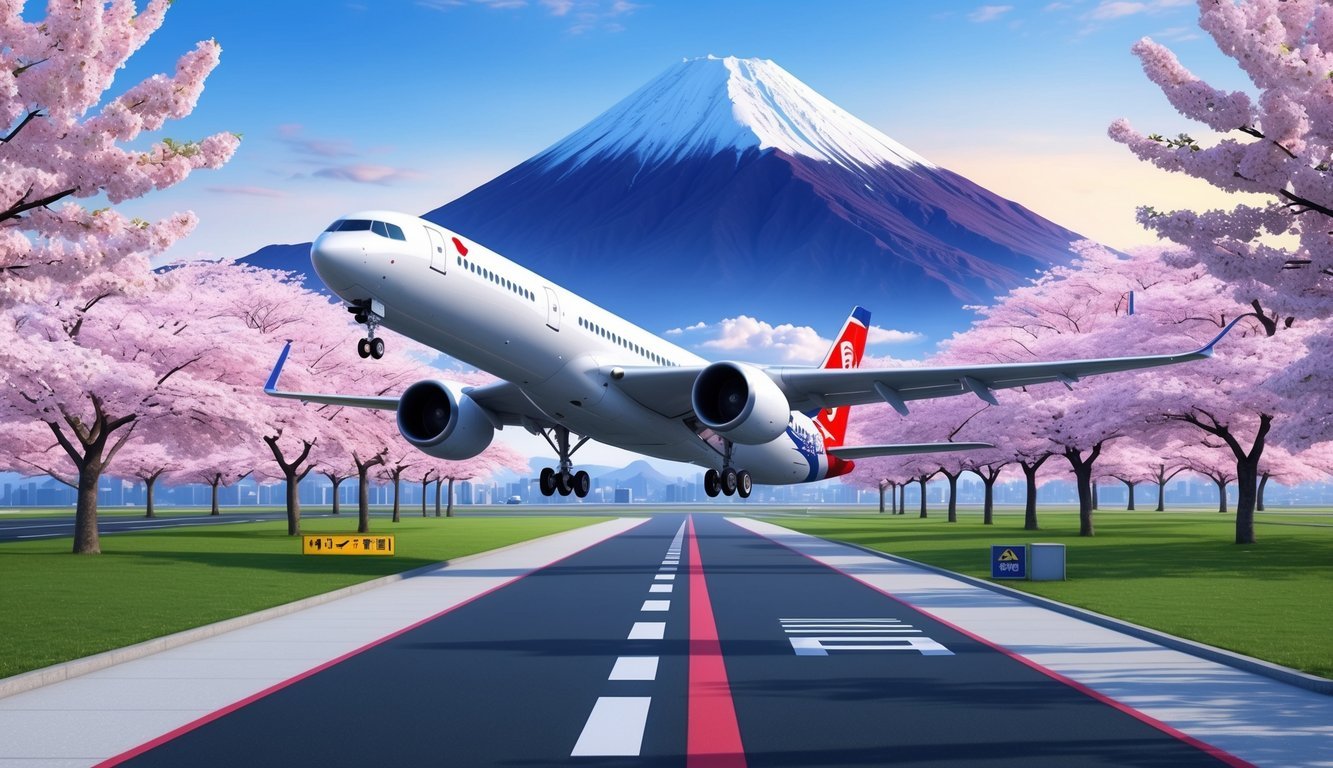 A sleek airplane soaring over the iconic Mount Fuji, with cherry blossom trees in full bloom lining the runway at a modern airport in Japan
