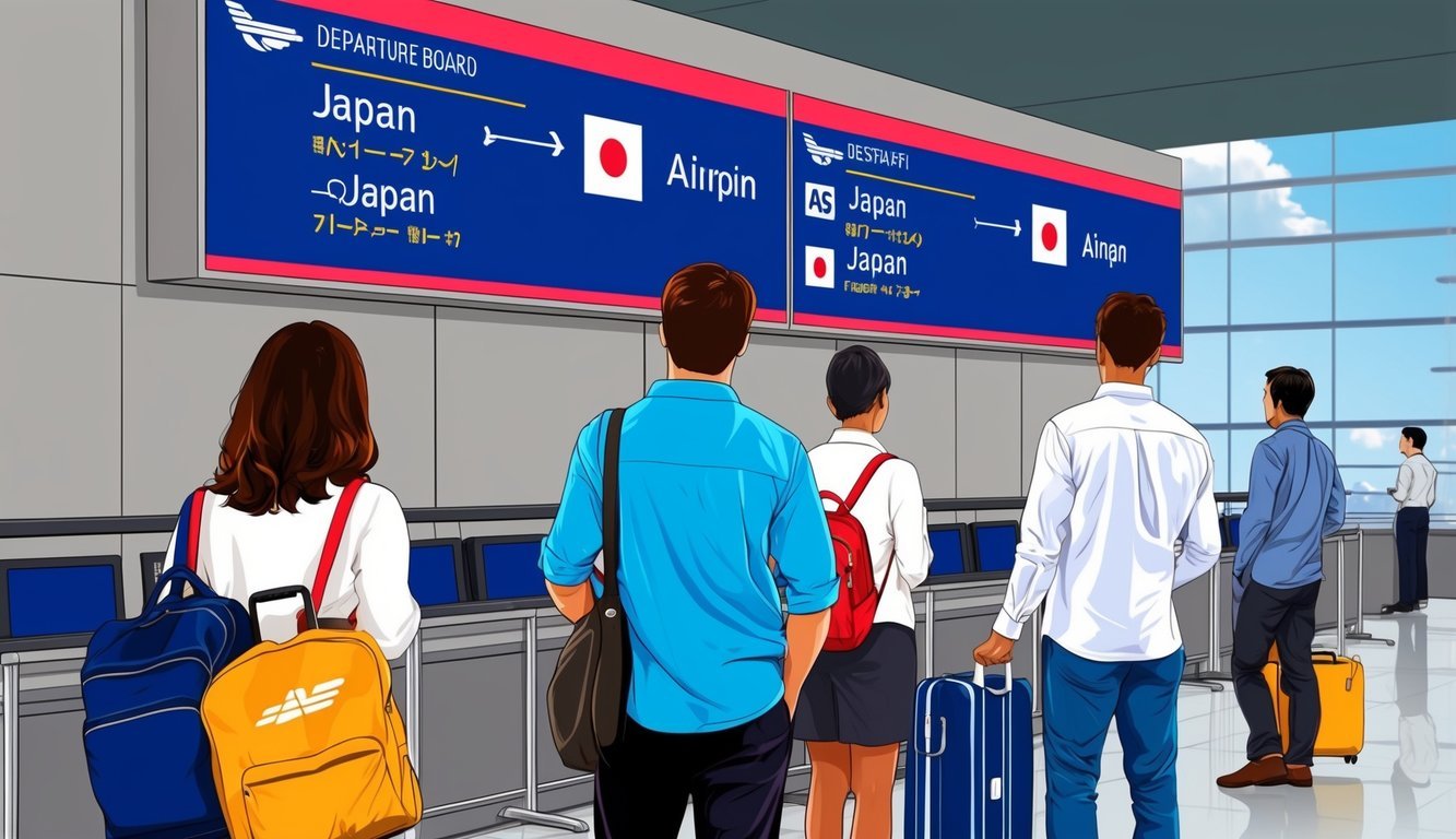 Passengers at airport, looking at departure board with flight information to Japan.</p><p>Airline logos and destination details visible