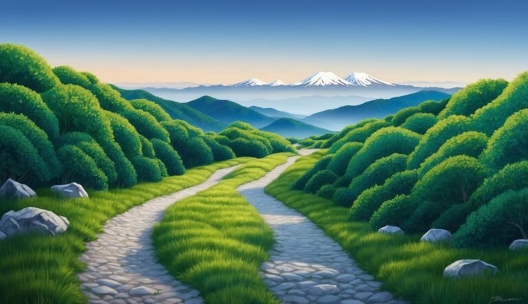 Stone path through lush green hills, leading to snow-capped mountains