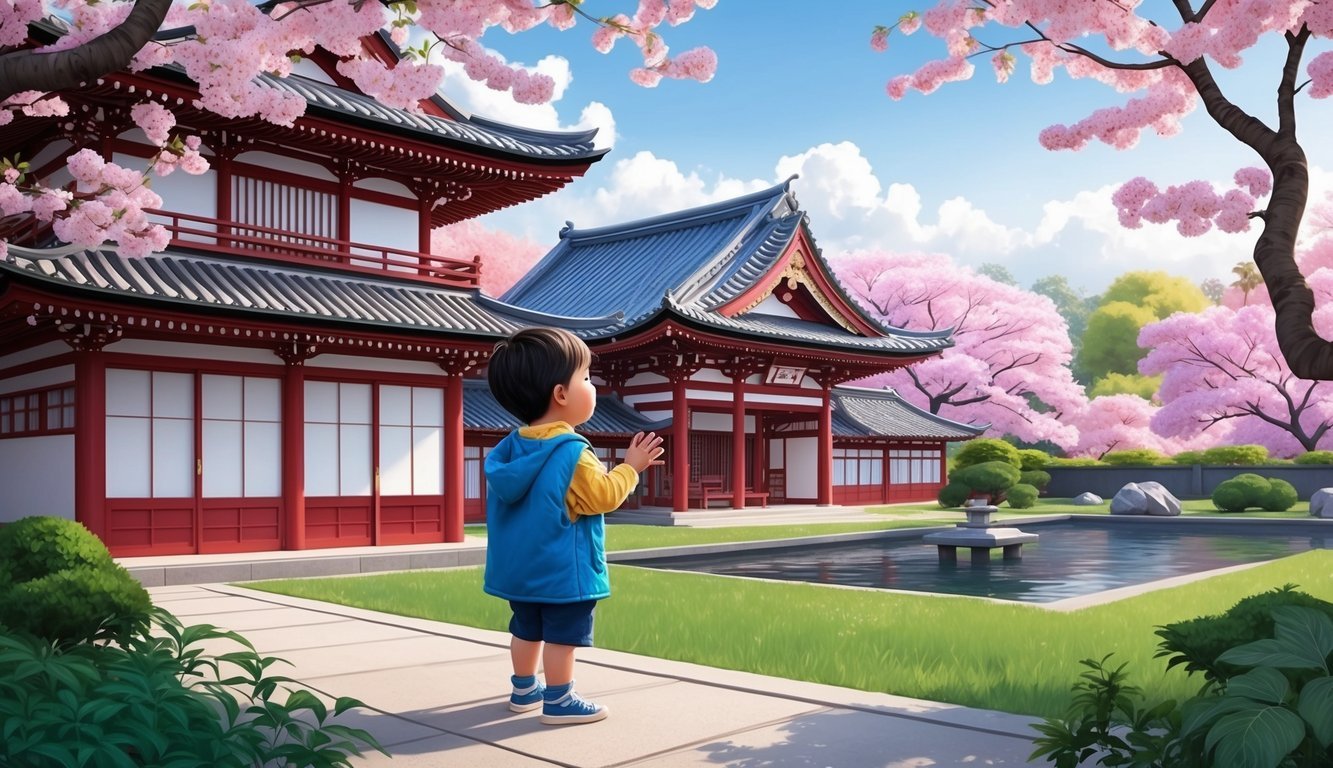 A young child marveling at traditional Japanese architecture and cherry blossoms in a serene garden