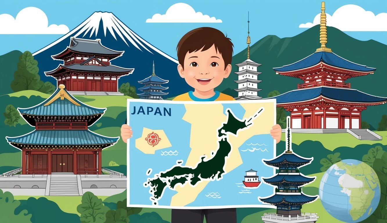 A child holding a map of Japan, surrounded by iconic landmarks like Mount Fuji and temples