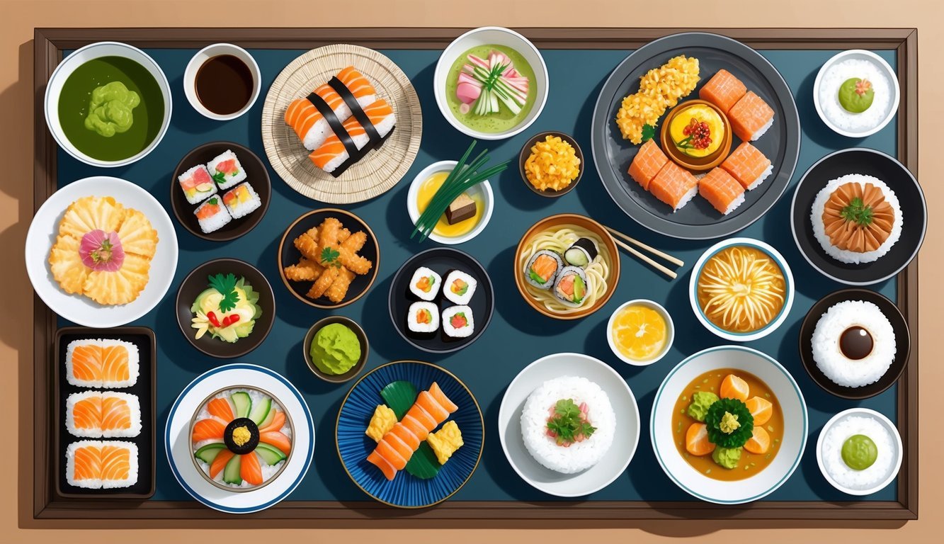 A traditional Japanese dining table with an array of colorful, neatly arranged dishes including sushi, tempura, ramen, and matcha desserts