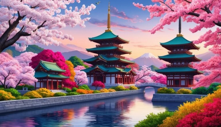 Japanese pagodas, cherry blossoms, and a river with a mountain backdrop