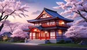 Japanese temple with cherry blossoms in full bloom at sunset