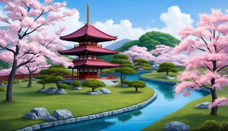 Japanese pagoda surrounded by cherry blossom trees and a flowing river