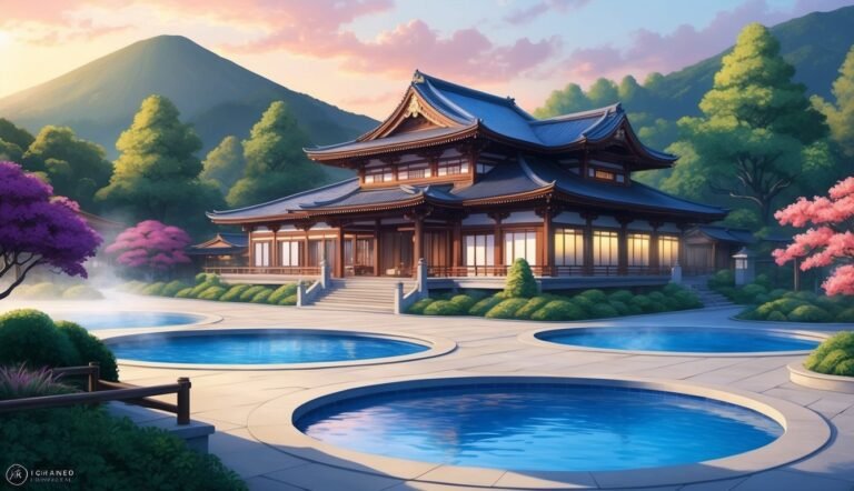 Japanese-style building with pools, surrounded by trees and mountains at sunset