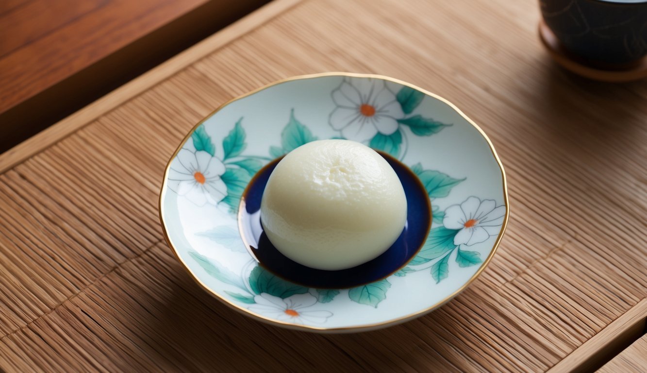 White mochi on a floral plate, on a bamboo mat