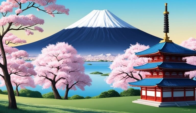 Japanese pagoda, cherry blossoms, and Mount Fuji over a lake